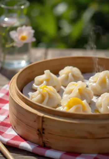 Bambu buharlayıcıda servis edilen, yapışkan pirinç hamurunda Çin tatlı maş fasulyeli dumpling