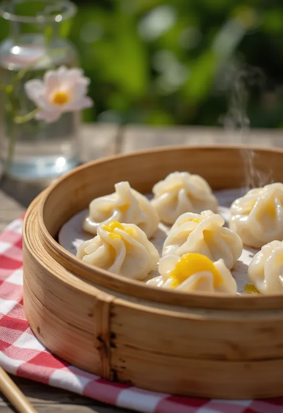 Bambu buharlayıcıda servis edilen, yapışkan pirinç hamurunda Çin tatlı maş fasulyeli dumpling