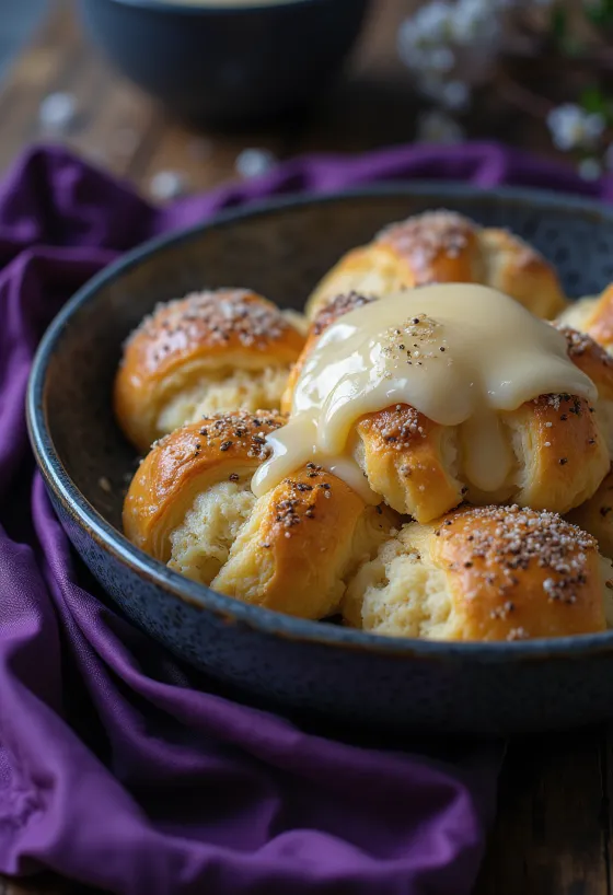 Pudra şekeri serpilmiş, vanilya sosu ile servis edilen Haşhaşlı Guba