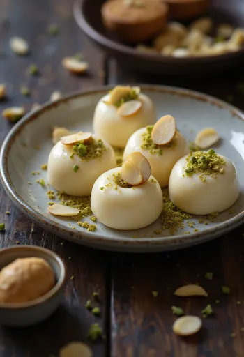 Kaymaklı Malai Sondesh, taze peynir ve gül suyu ile süslenmiş