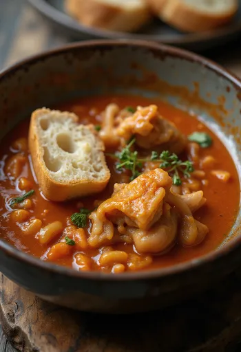 Sulu, baharatlı soslu, taze ekmekle servis edilen işkembe yahnisi