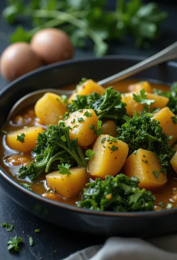 Havuç ve patatesle servis edilen sebzeli kıvırcık lahana yemeği