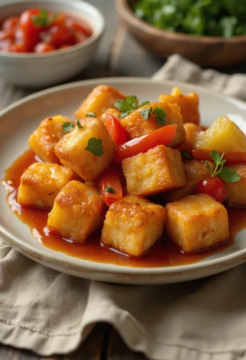 Tatlı ekşi soslu çıtır kızarmış tofu servisi