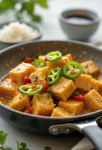 Tofulu Bicol Express servisi, hindistan cevizi sütü ve yeşil biber ile