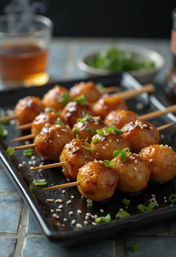 Tsukune yakitori, şişte tavuk köfteleri, susam ve taze soğanla servis edilmiş