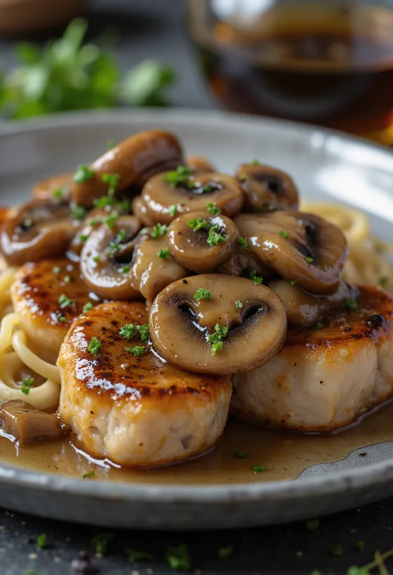 Mantar ve taze maydanoz ile servis edilmiş Veal Scallopini Marsala