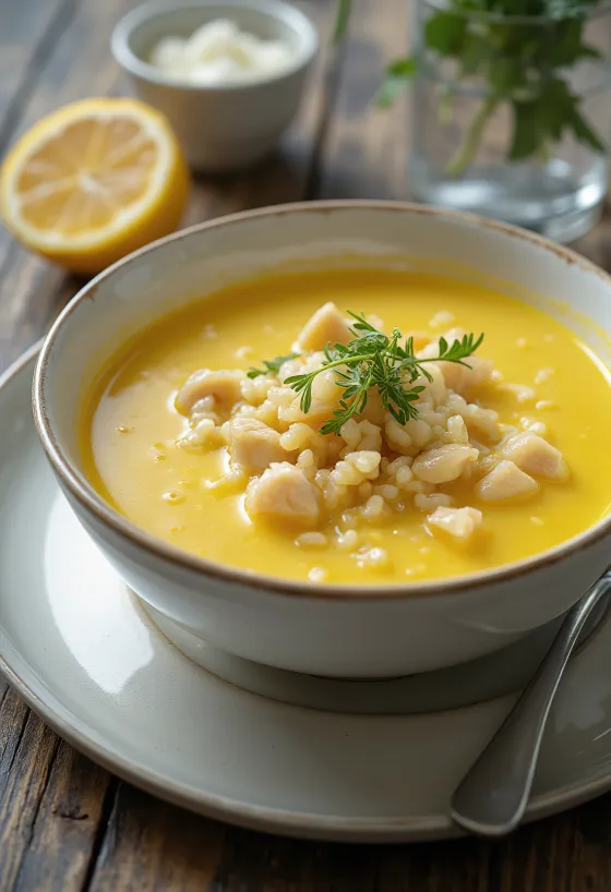 Yumurta sarısı ile terbiyelenmiş Avgolemono, zengin tavuk eti ve pirinçli yumurtalı-limonlu çorba