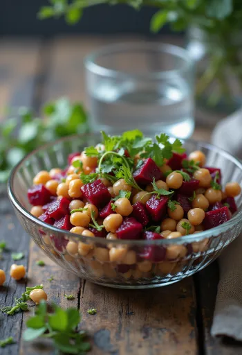 Taze roka ve kavrulmuş ceviz ile servis edilen pancarlı nohut salatası.