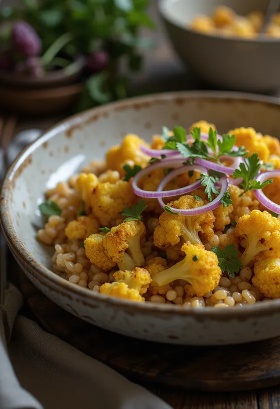 Fırın karnabahar ve köri baharatlı Farro servis edilmiş