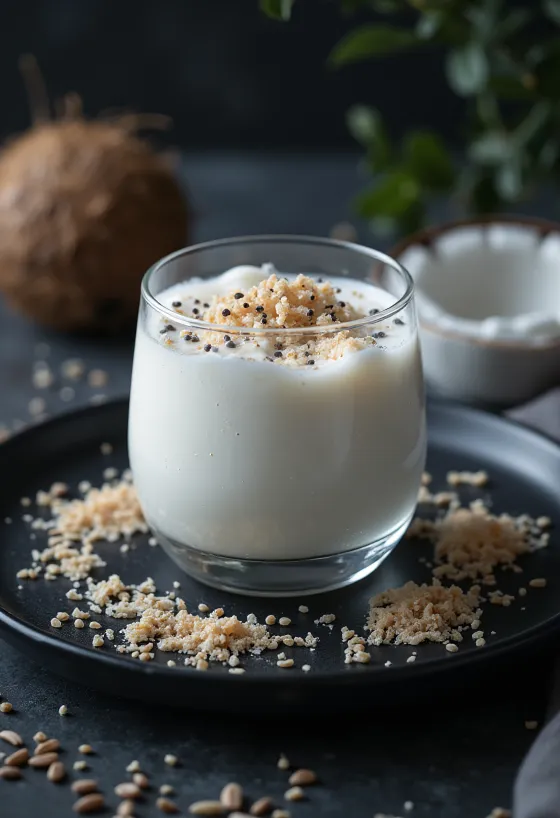 Bardakta probiyotik Hindistan cevizli kefir, üzerinde rendelenmiş Hindistan cevizi ile
