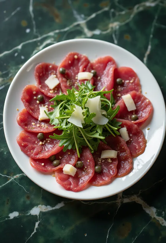 Roka ve Parmesan ile süslenmiş Geyik Carpaccio
