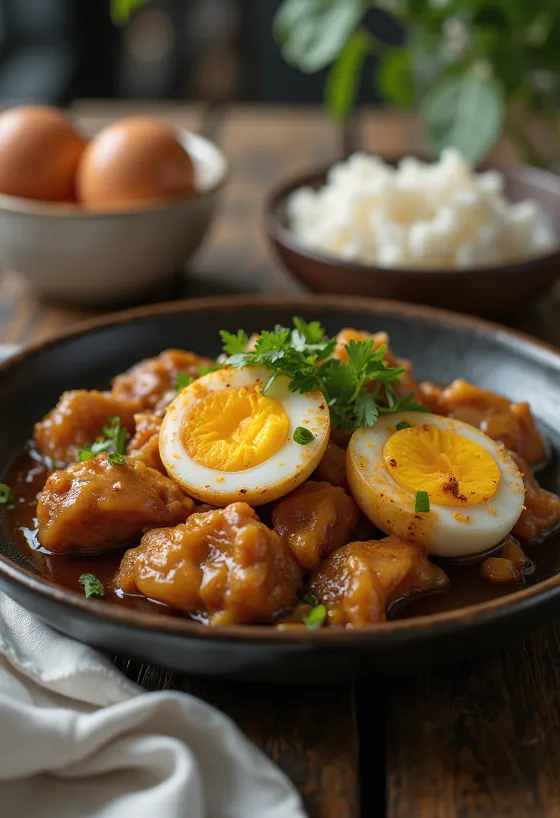 Tavuk ve yumurtanın leziz bir yemek olarak birleştiği Yumurtalı Adobo servisi.