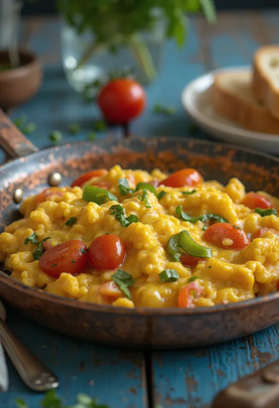 Yumurta, biber ve domatesli klasik Menemen Türk kahvaltısı