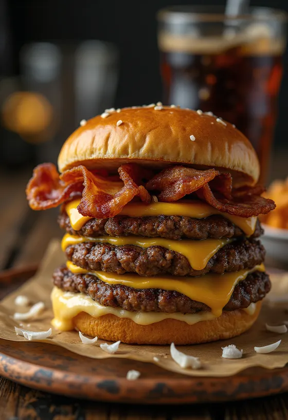 Ekstra köfteli taze hazırlanmış üç katlı hamburger