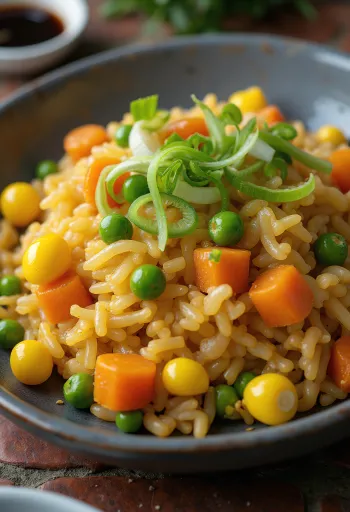 Bir wok tavada taze servis edilen sebzeli vegan kızarmış pirinç.