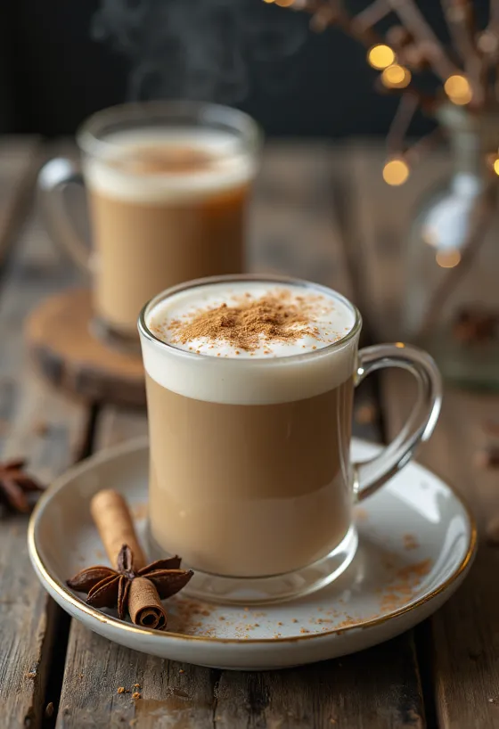 Kupada Chai tea latte, tarçın ve kakule ile süslenmiş