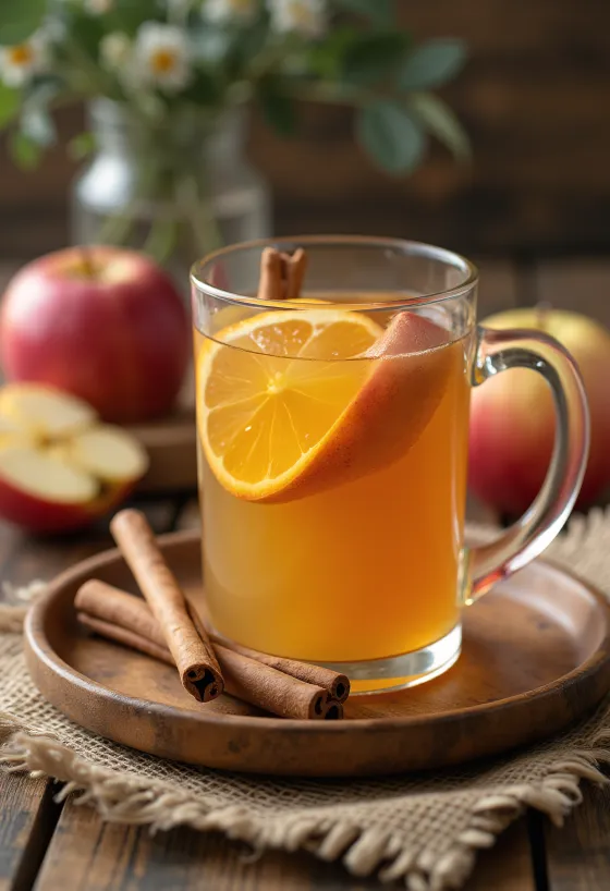 Bardaklarda servis edilmiş tarçınlı elmalı tazeleyici cider
