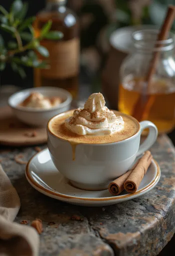 Krem şanti ve çubuk tarçınla süslenmiş ballı tarçınlı latte