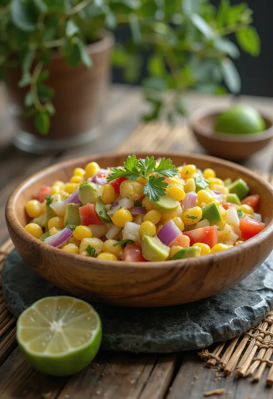 Mote ensalada, mısır, domates ve avokado ile