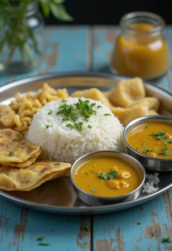 Nepal dal bhat tarkari thali tabağında sunulan pirinç, kırmızı mercimek ve sebzeler düzenlenmiş