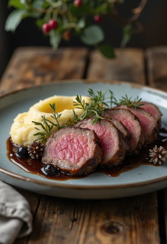 Kavrulmuş sebzelerle servis edilen ardıç soslu geyik beli