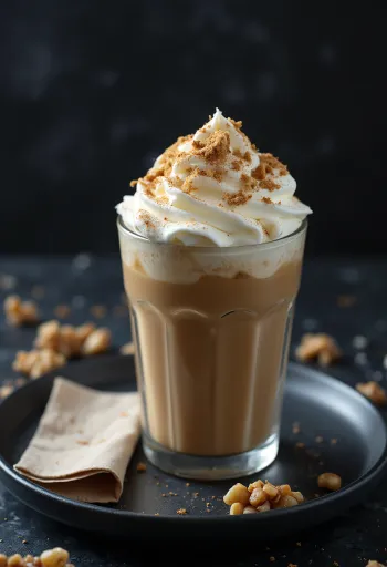 Krem şanti ve çekilmiş cevizle süslenmiş tarçınlı cevizli frappuccino