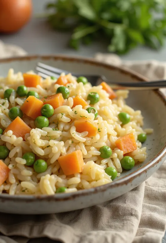 Esmer pirinç, havuç, kabak ve bezelye ile servis edilen probiyotik sebzeli risotto