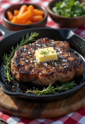 Kavrulmuş sebzeler ve taze biberiye ile servis edilen Yak bifteği