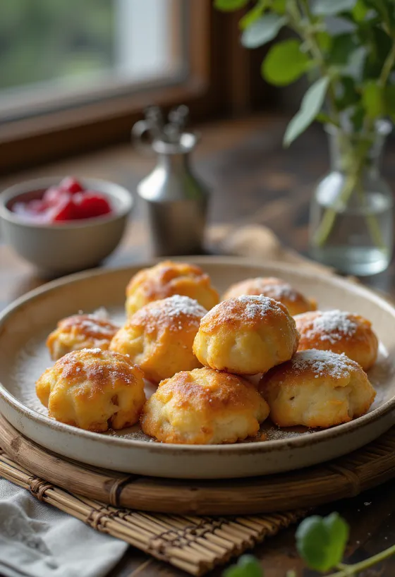 Çilek reçeli ile servis edilmiş Æbleskiver