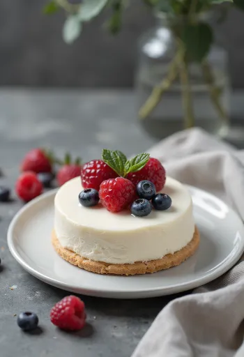 Meyvelerle servis edilmiş beyaz çikolatalı mousse pasta