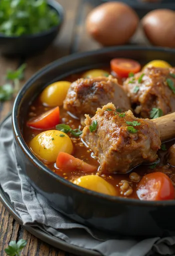 Kuzu eti ve sebzelerle servis edilen Khashlama