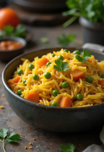 Sebzeli Machboos, taze sebzeler ve pirinç ile servis edilen baharatlı, iştah açıcı yemek