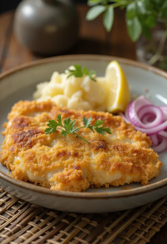Tabakta servis edilen patates salatalı domuz şnitzel.