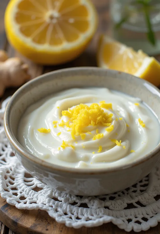 Bardakta limonatalı zencefilli yoğurt içeceği, limon kabuğu serpilmiş açık kremsi içecek