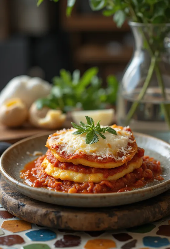 Pecorino peyniri ile katmanlanmış, ızgara patlıcan ve domates sosu ile servis edilen Parmigiana
