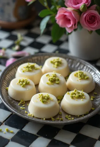 Fıstıklı Sandesh servis edilmiş, taze kişnişle süslenmiş