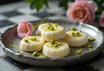 Fıstıklı Sandesh servis edilmiş, taze kişnişle süslenmiş