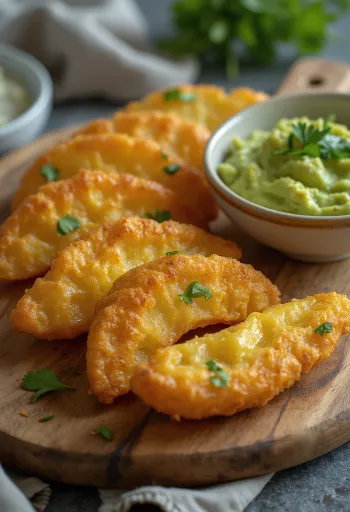 Avokado sosu ve taze kişnişli Yuca frita çıtır kızarmış parçaları