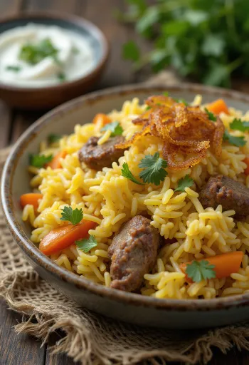 Kuzulu ve sebzeli biryani, zengin baharatlı pirinç ve yumuşak kuzu eti