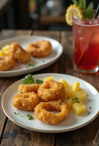 Ananaslı Acarajé servis edilmiş, baharatlı fasulye topları ve taze ananas ile