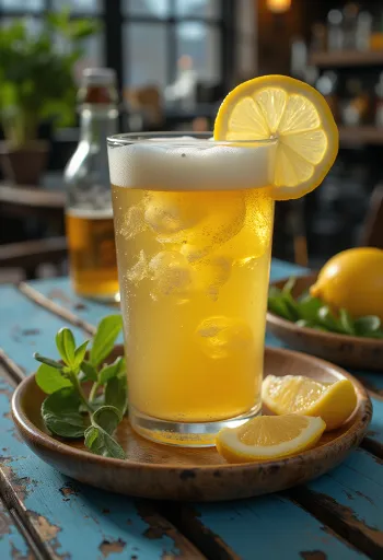 Limon dilimi ve buzla servis edilen limonlu bira