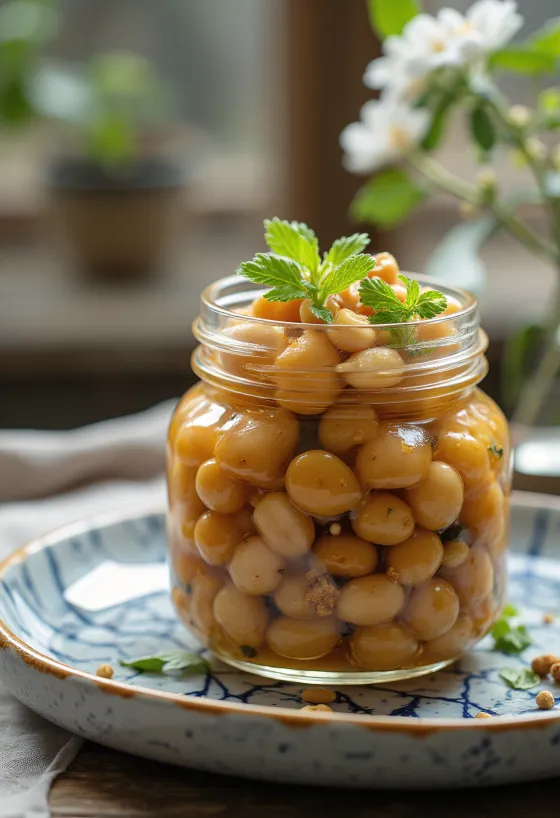 Kavanozda baharatlı natto turşusu