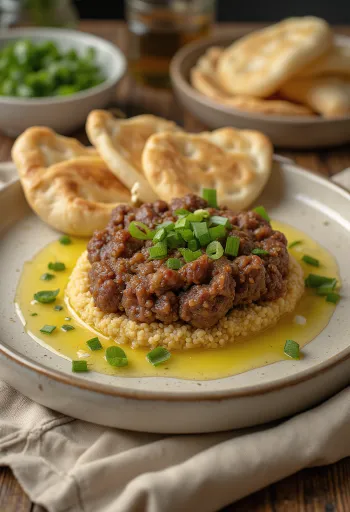 Taze pide ekmeği ve nar taneleri ile servis edilen Kibbeh Nayyeh