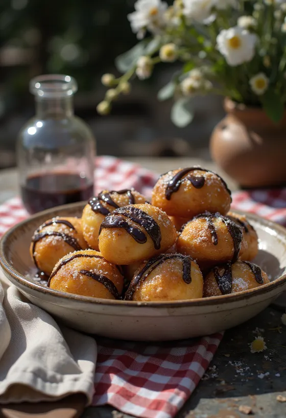 Çikolata soslu Loukoumades, çikolata ve vanilya şekeri ile altın kahverengi lokma