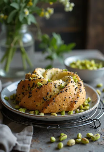 Servis edilmiş fıstıklı haşhaşlı pasta