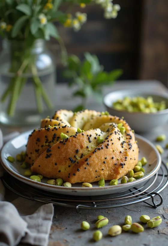 Servis edilmiş fıstıklı haşhaşlı pasta