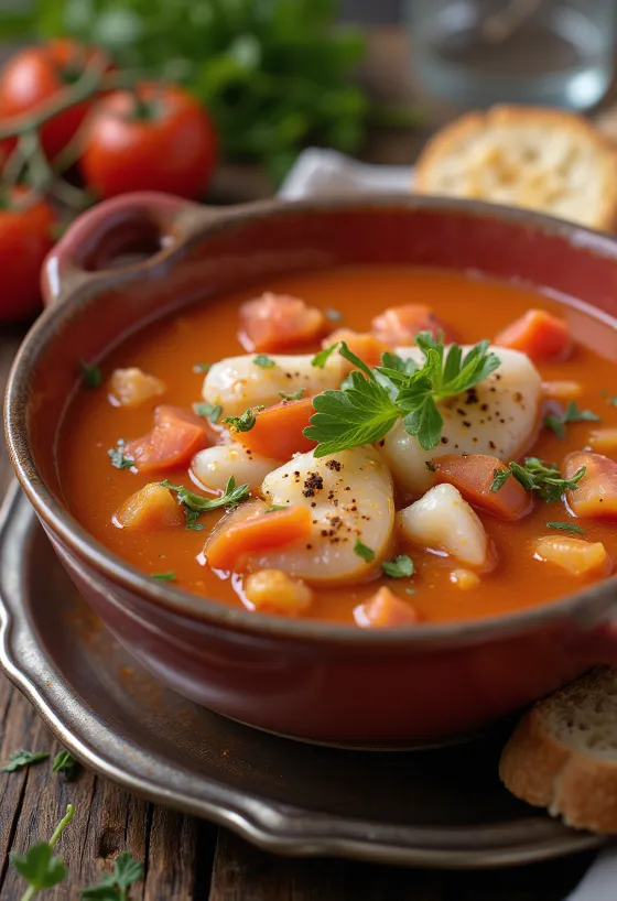 Domatesli Psarosoupa, taze zeytinyağı ve limon suyu ile servis edilen zengin balık çorbası