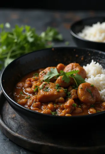 Domuz böbrekli Sarapatel, sebzeler ve baharatlarla servis edilmiş