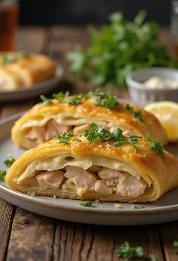 Ton balıklı Stromboli servisi, zengin ton balığı ve üzerinde erimiş mozzarella peyniri, dışı çıtır ve içi yumuşak.