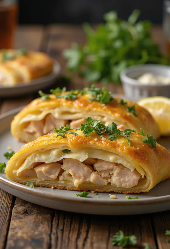 Ton balıklı Stromboli servisi, zengin ton balığı ve üzerinde erimiş mozzarella peyniri, dışı çıtır ve içi yumuşak.